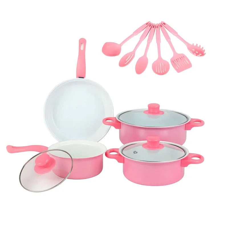 SET DE OLLAS Y JUEGO DE UTENCILIOS DE COCINA 13PZ ROSADA