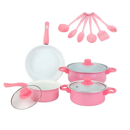 SET DE OLLAS Y JUEGO DE UTENCILIOS DE COCINA 13PZ ROSADA